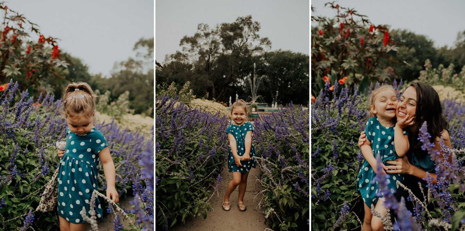 A little girl and her mom in the purple flowers at botanica gardens