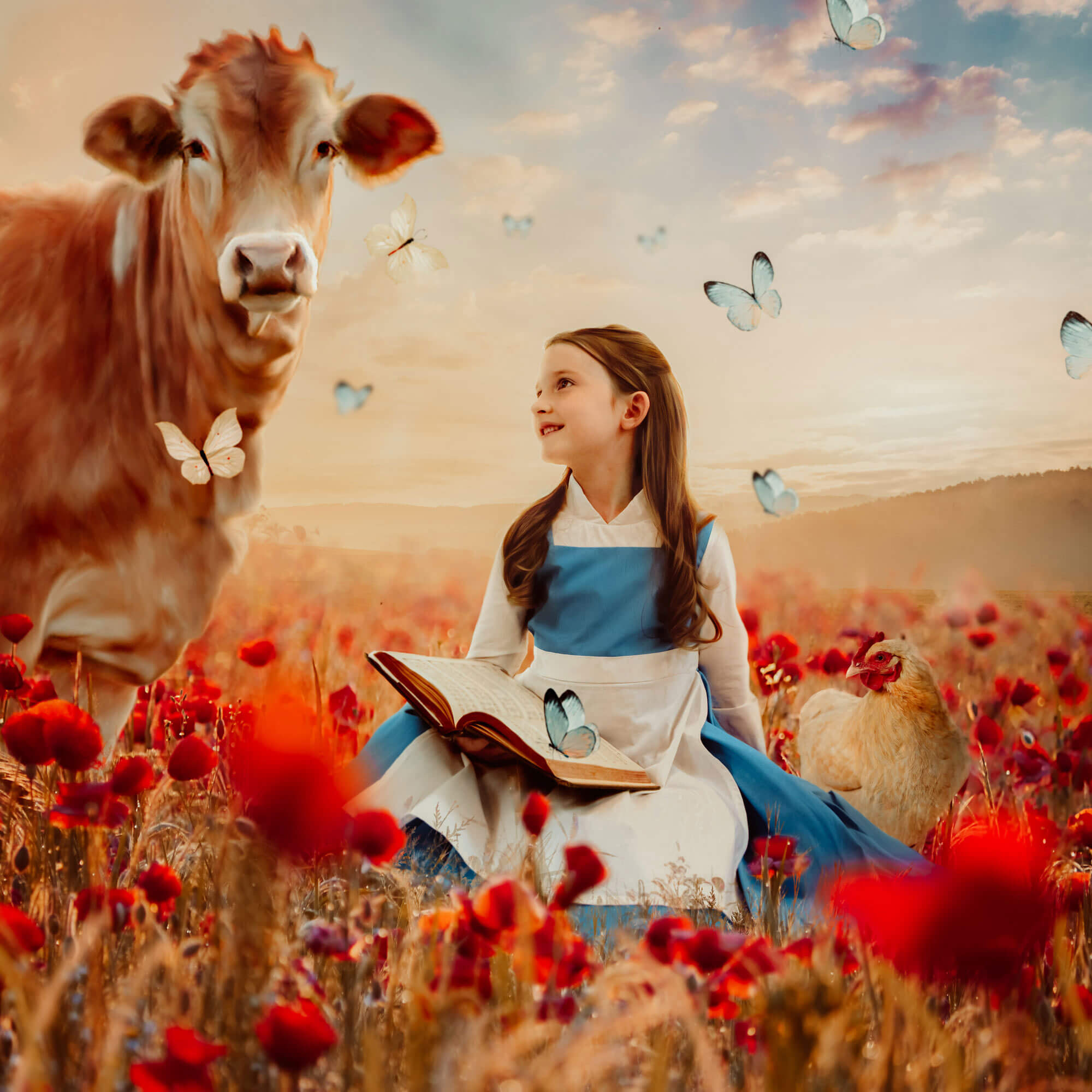 wichita portrait artist image of a young girl dressed as Belle in a field of red flowers