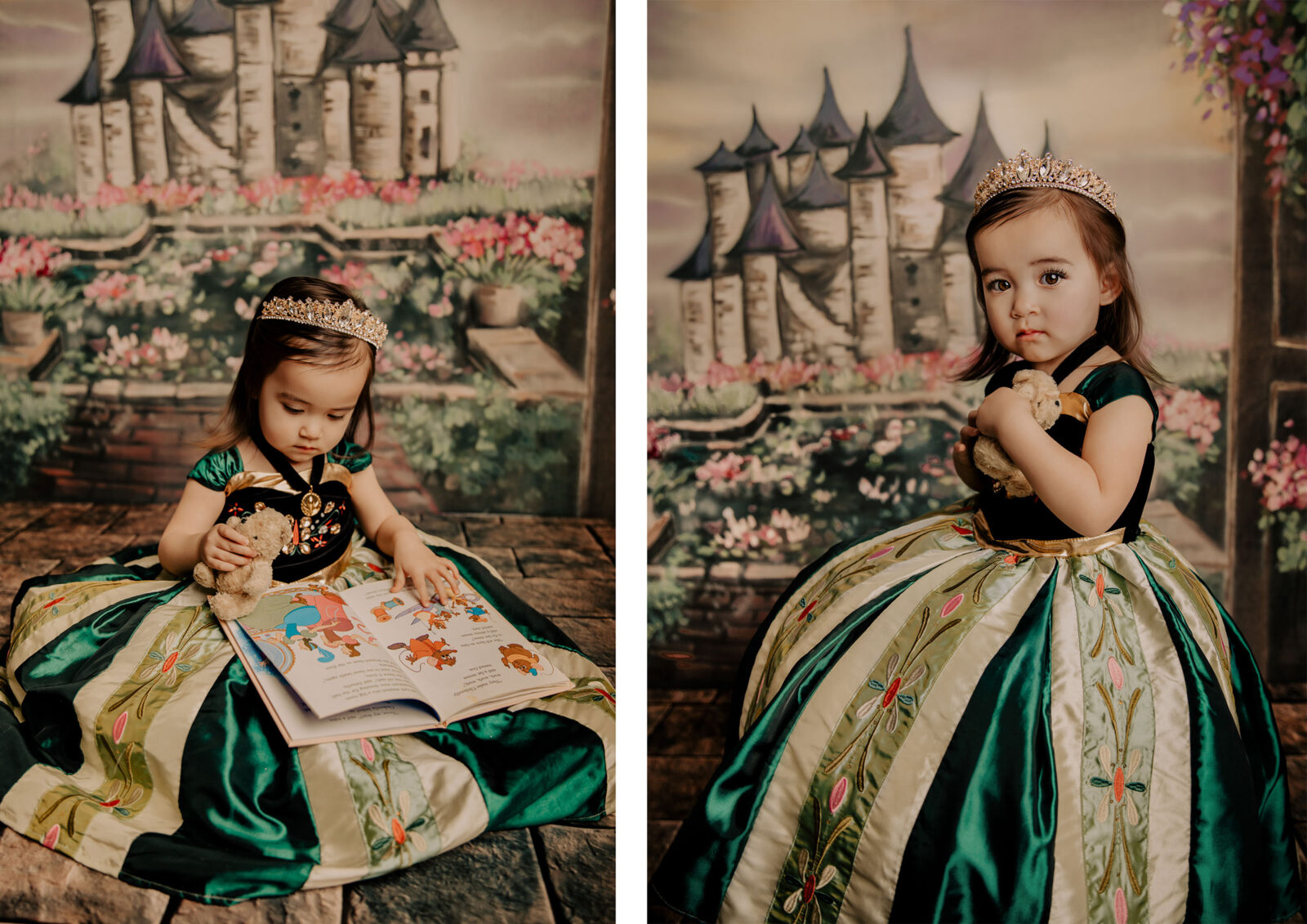 A girl dressed as a princess in a green princess anna gown, by Broom Tree Photo