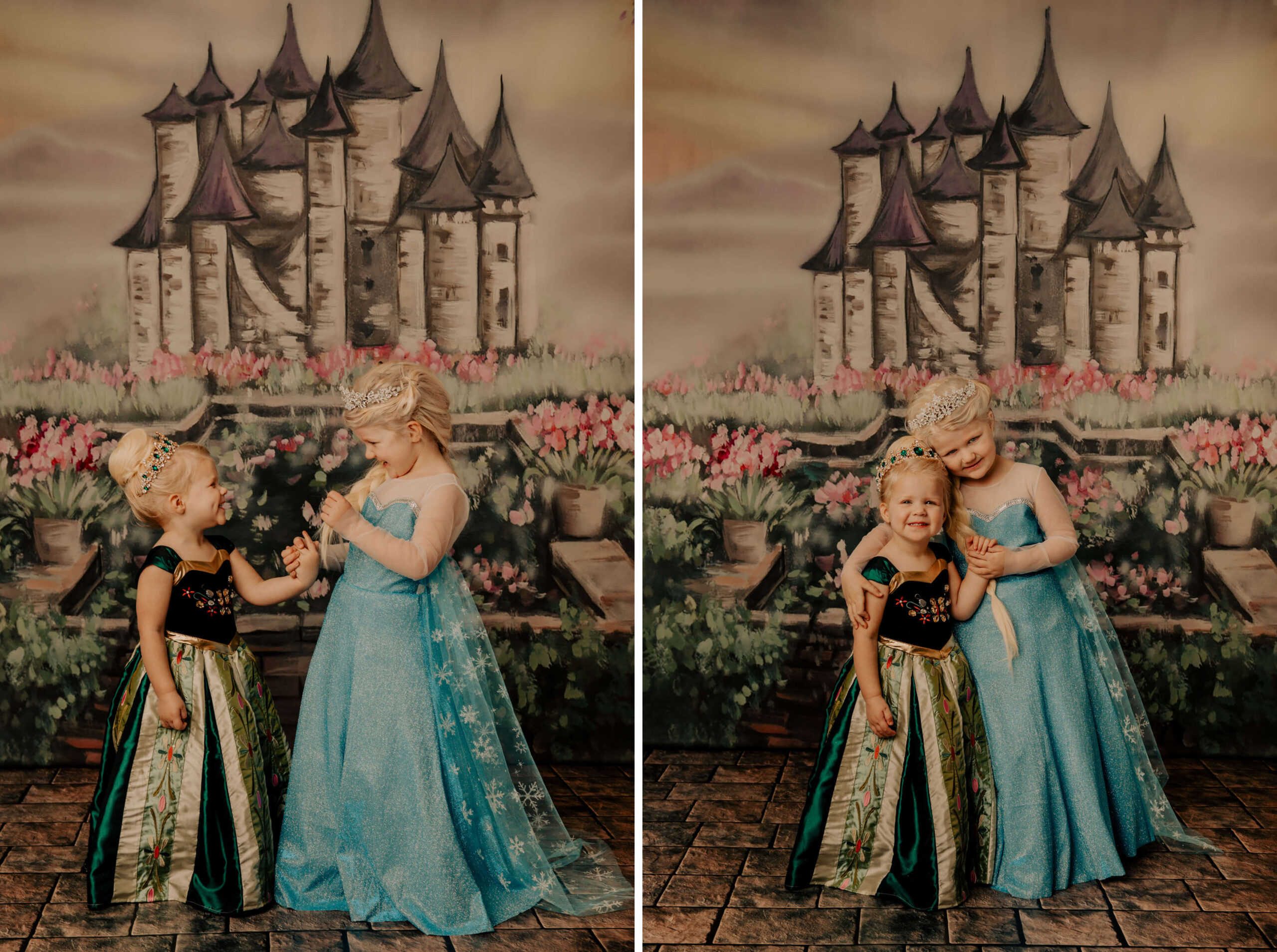 Young sisters dressed as Elsa and Anna in front of a castle, royal princess experience, Wichita Kansas Photographer, Broom Tree Photo